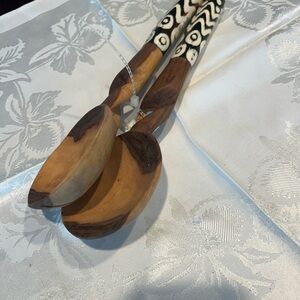 African Bone Batik Black and White Patterned Wooden Salad Servers NWT